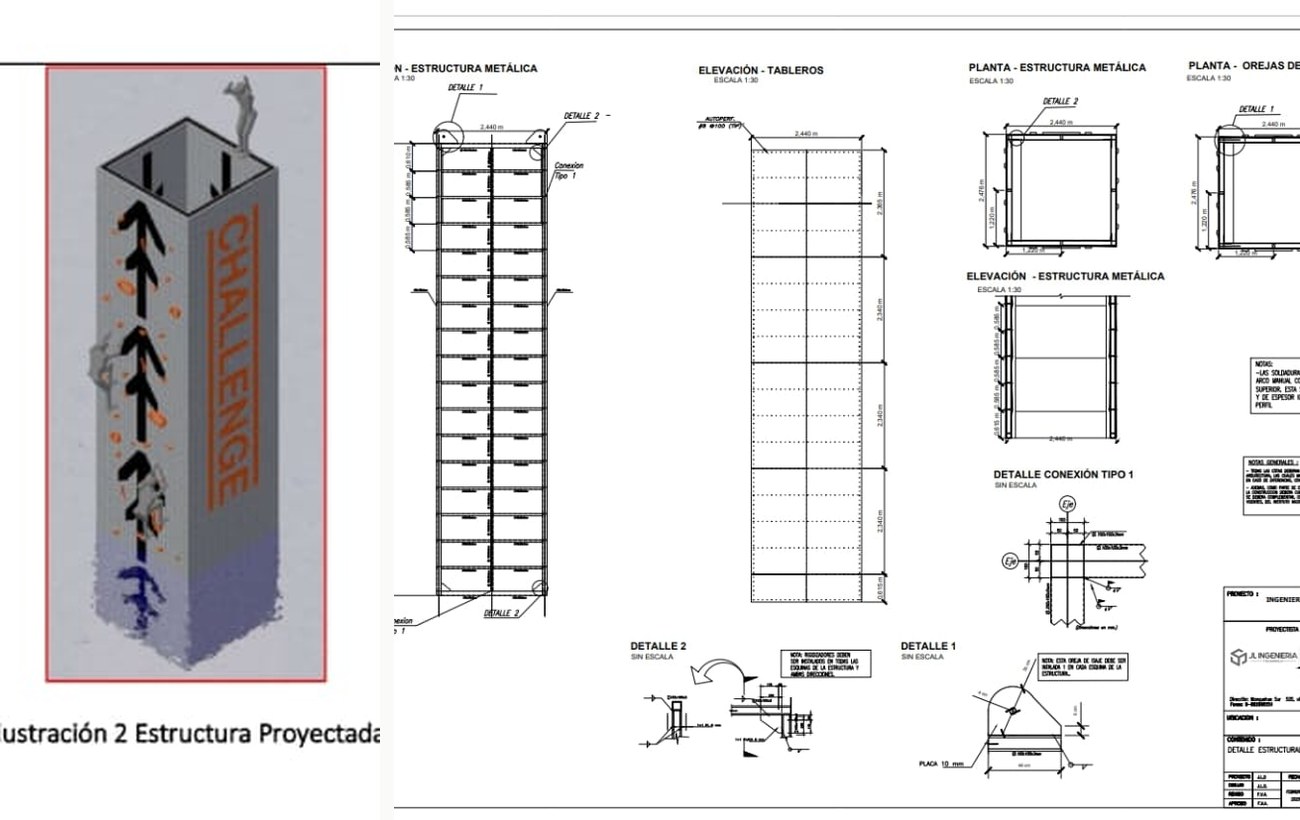Torre de escalada metálica de 10 m con tableros — render 3D y planos estructurales
